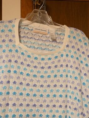 Alfred Dunner Cream Open-Knit Crewneck Sweater with Aqua and Lavender Dots